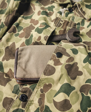 Camouflage jacket patch pocket with snap button and contrast trim