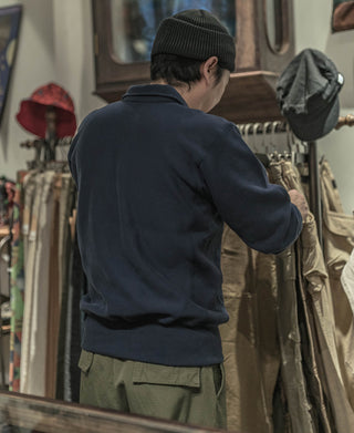 Navy half-zip sweatshirt, ribbed cuffs, back view