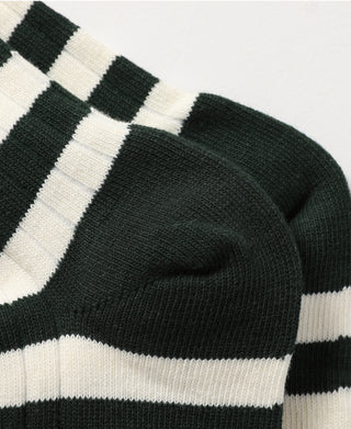 Close-up of striped dark green sock toe with white horizontal bands