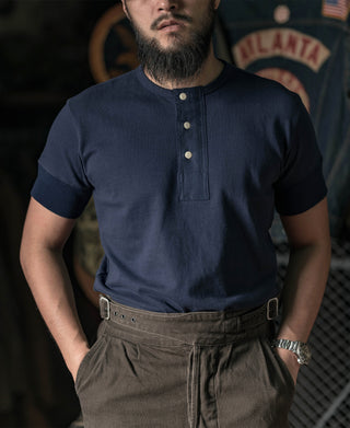 Navy short-sleeve henley t-shirt with button placket and collar