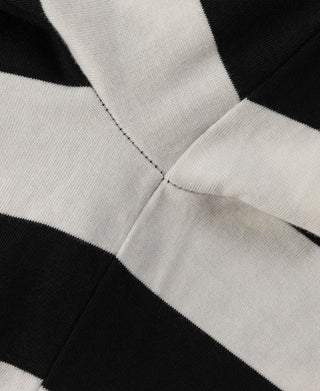 Black-and-white wide striped long-sleeve T-shirt showing shoulder seam stitching