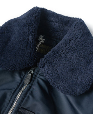 Shearling-style navy fur collar on B-15C flight jacket with front zip detail