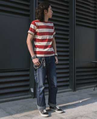 Red and white wide striped crew-neck cotton T-shirt with short sleeves, side view