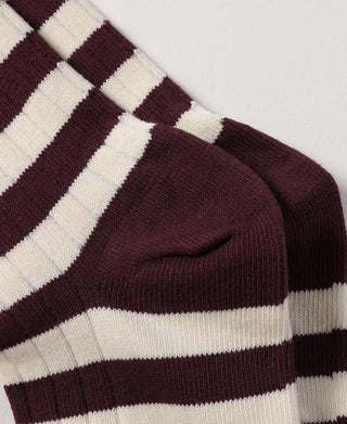 Close-up of burgundy and white striped cotton socks with cushioned toe