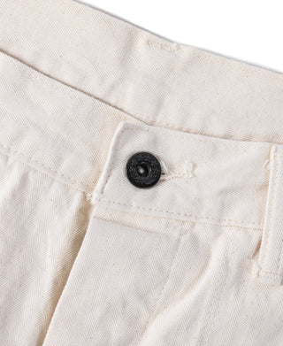 White herringbone deck pants waistband with black button closure