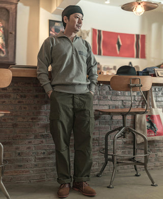 Gray half-zip sweatshirt on person, USAFA logo at the chest