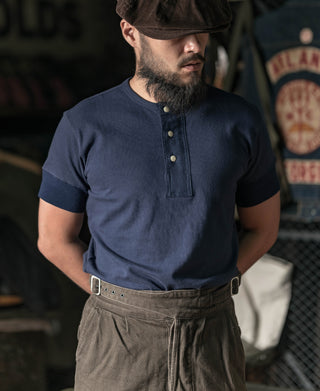 Navy henley t-shirt with three-button placket and chest pocket