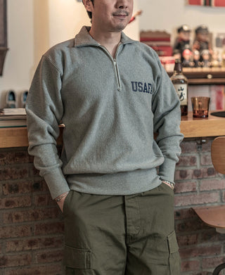 Gray half-zip sweatshirt with USAFA chest print and front zipper