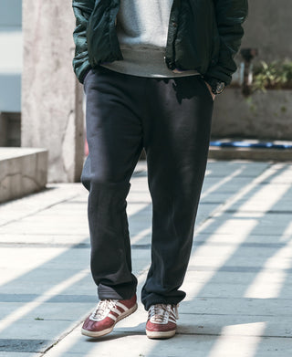 Black terry sweatpants, straight legs with side pockets and soft ribbed cuffs