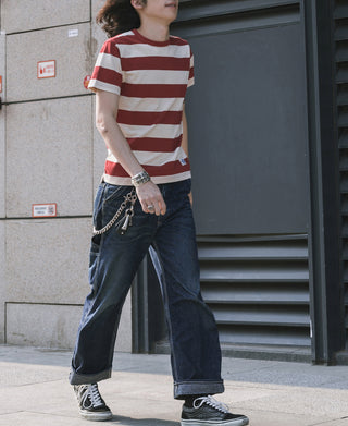 Red and white wide striped crew-neck cotton T-shirt with short sleeves, front view