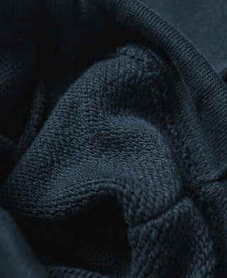 Navy knit fabric close-up with visible loops and stitching detail