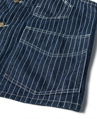 Indigo denim work vest with white stripe grid pockets and brass buttons