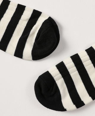 Black and white striped cotton crew socks, pair with ribbed knit cuffs
