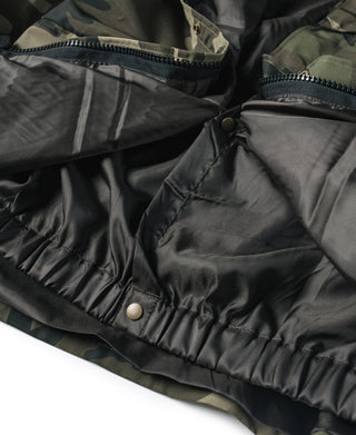 Camo parka chest zip with black storm flap and snap button waist