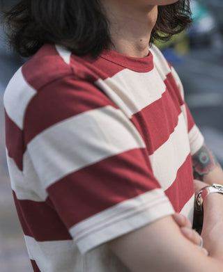 Red and white wide striped cotton T-shirt, crew neck detail