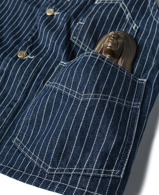 Indigo denim work vest with white stripe grid patch pocket and brass buttons