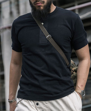 Black vintage short-sleeve henley T-shirt with 3-button placket