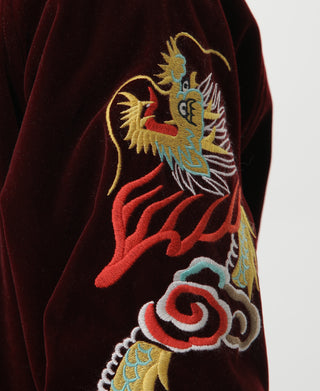 Wine red reversible satin jacket with embroidered dragon and tiger patch on sleeve