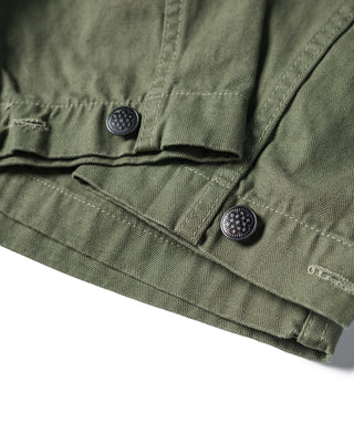 HBT jacket hem with two snap buttons and stitched placket, olive green.