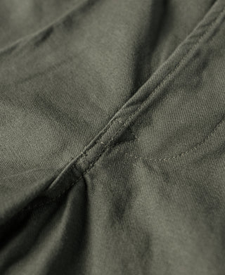 Olive bermuda shorts close-up of fabric and side seam stitching