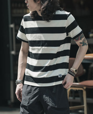 Black-and-white wide striped crew-neck T-shirt, short sleeves, small chest label