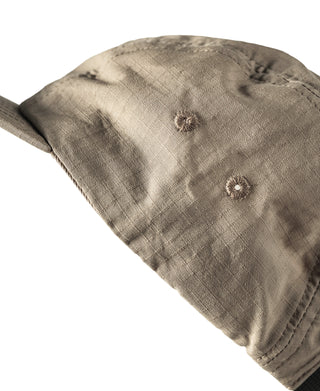 Khaki 5-panel cap top with woven texture and eyelet ventilation