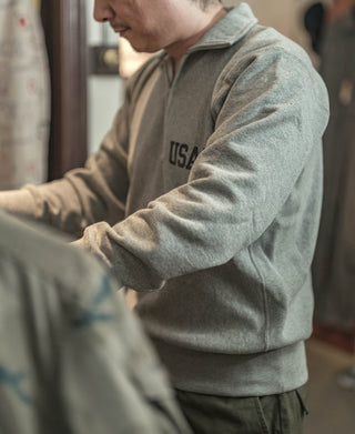 Gray half-zip sweatshirt with USAFA chest logo, side view