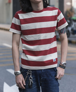 Red and white wide striped cotton T-shirt with small chest logo patch