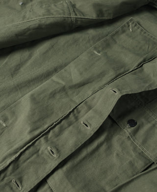 HBT jacket chest pocket flap and pleated panel with buttonholes, olive green.