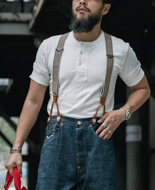 White short-sleeve henley t-shirt with 3-button front and ribbed neckline