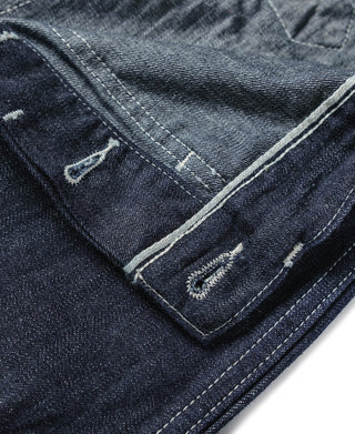 Indigo denim fatigue dungarees, folded cuff detail with stitched pocket edge