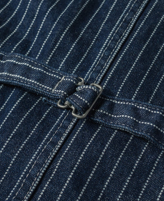 Indigo denim work vest with metal hook-and-eye front closure