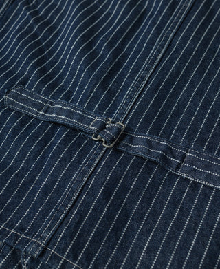 Indigo denim work vest with stitched front placket and metal clasp