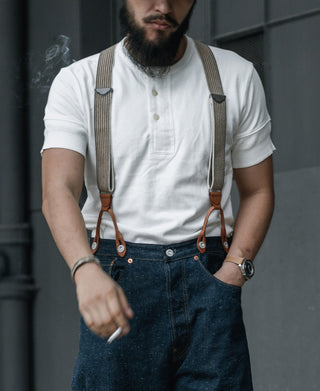 White short-sleeve henley t-shirt with visible button placket and ribbed collar