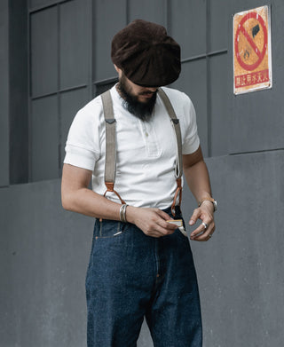 White henley t-shirt with buttoned front placket and ribbed crew neckline