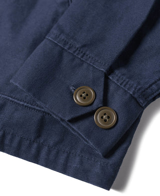 Navy tour jacket sleeve cuff with two button closures and stitched seam detail.