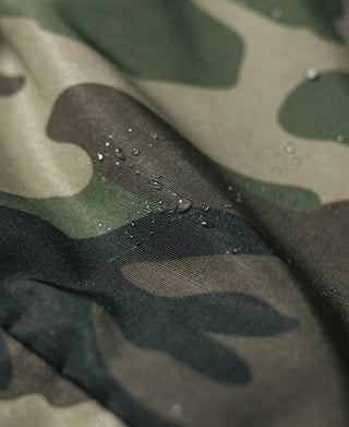 Woodland camo parka fabric with visible water droplets and dark trim