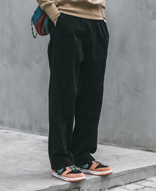 Black corduroy trousers with wide legs and relaxed drape