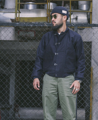 Navy deck hook jacket with hood, toggle closure, and front flap pockets