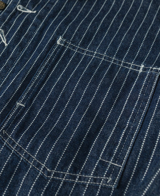 Indigo denim work vest with white stripe grid yoke and chest patch pocket