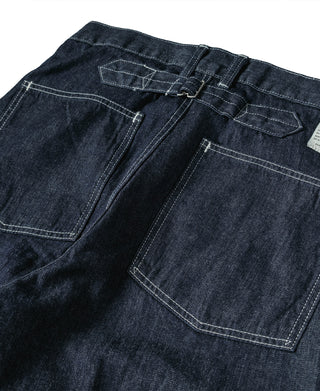 Indigo denim fatigue dungarees, front pockets with rectangular flap and topstitching