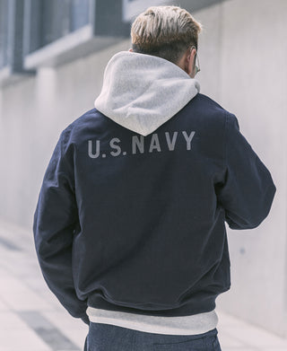 Navy deck hook jacket back with hood and "U.S. NAVY" print