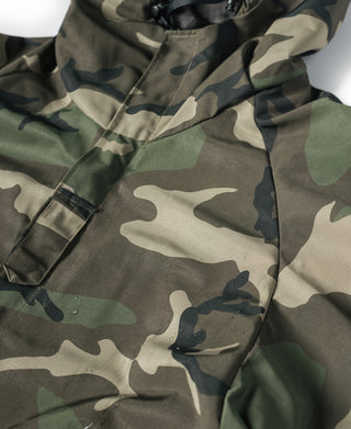 Woodland camo parka front with drawstring hood and zip placket