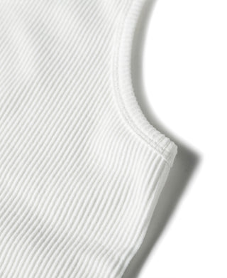 Close-up of white ribbed tank top neckline with curved scoop collar