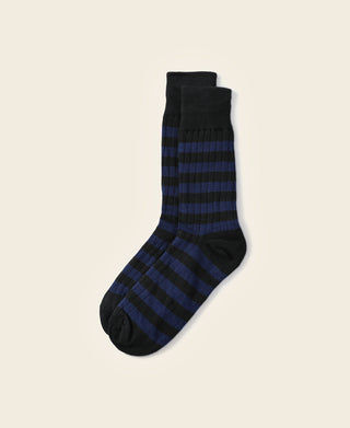 Black and blue striped cotton crew socks with ribbed cuff