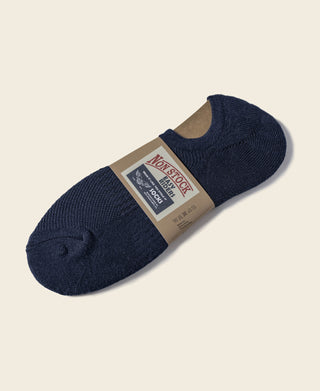 Navy cotton no-show socks, ribbed knit, low-cut foot, heel and toe visible