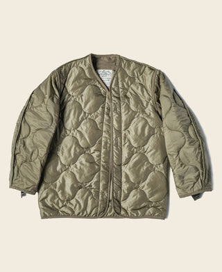 Olive quilted M-65 field jacket liner with full-zip front and stand collar