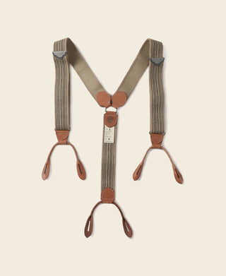 Khaki striped Y-back leather button suspenders with brown leather clips and straps