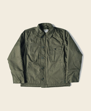 Olive deck jacket with button-front, flap chest pocket, and stand collar