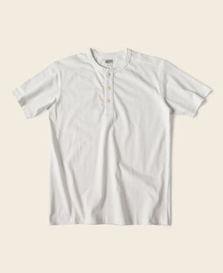 White cotton short-sleeve henley T-shirt with button placket at the neckline